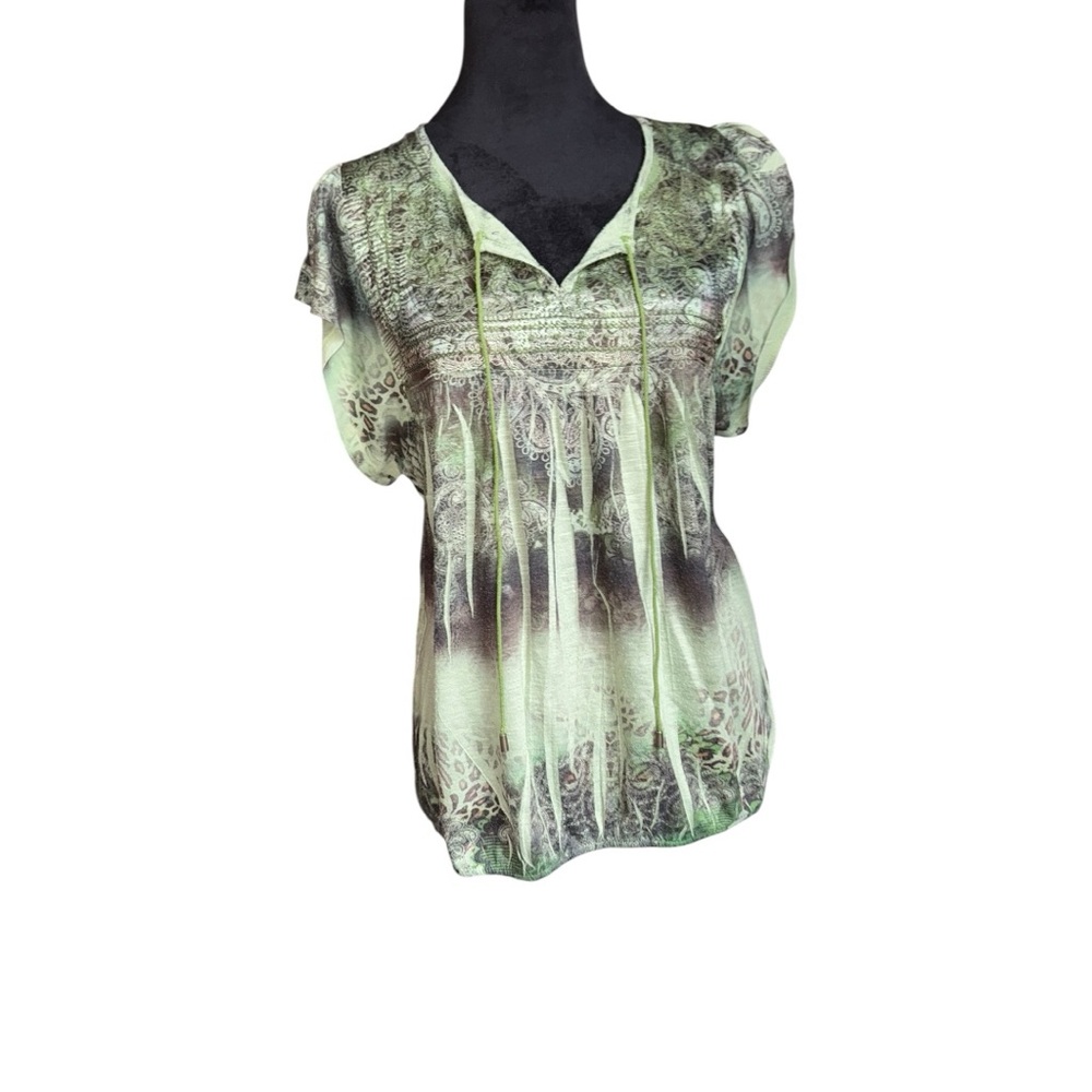 Y2k Dressbarn Womens Green Boho Paisley Animal Shirt with Studs Lace Back Large‎